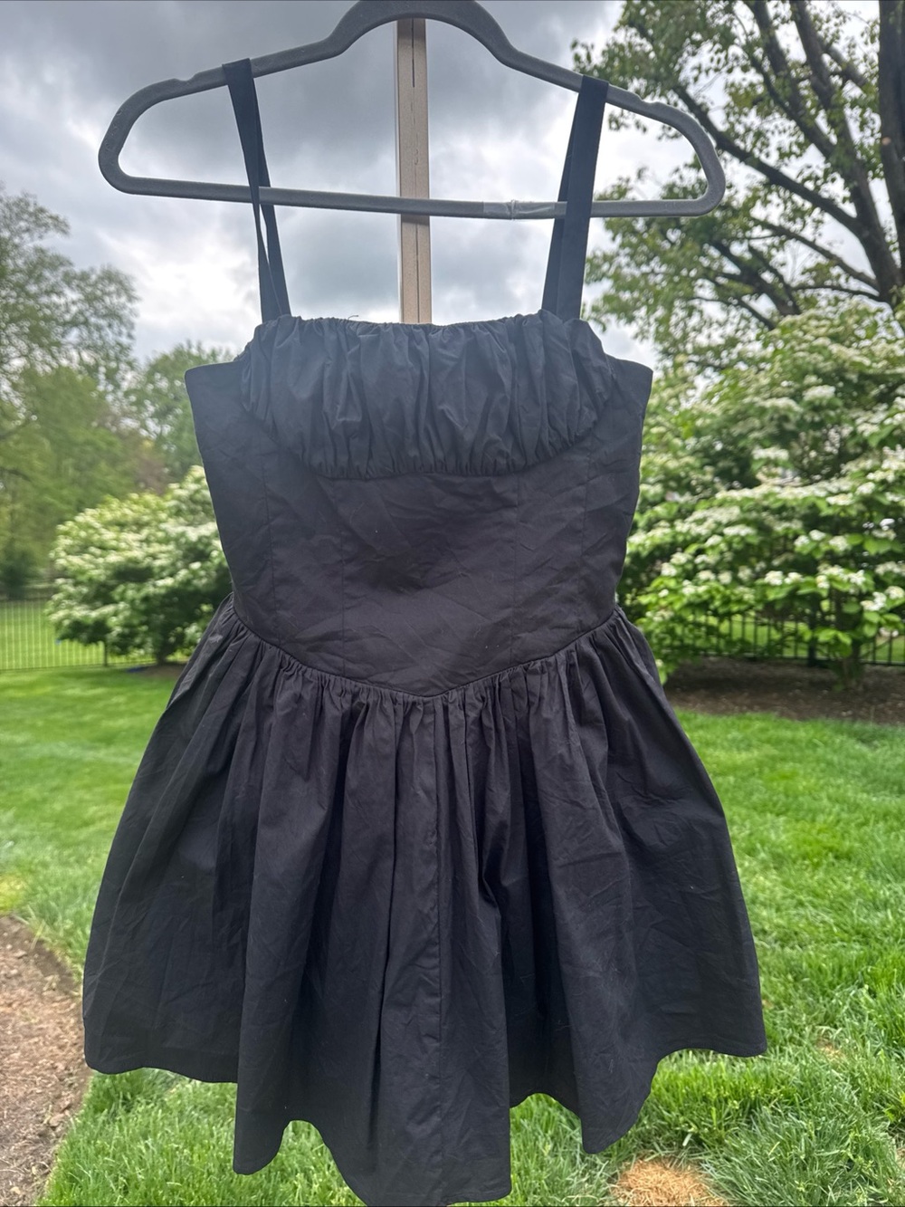 Zara Black Poplin Mini Dress Ruched Bodice fit flare Babydoll Fit Flare viral sm